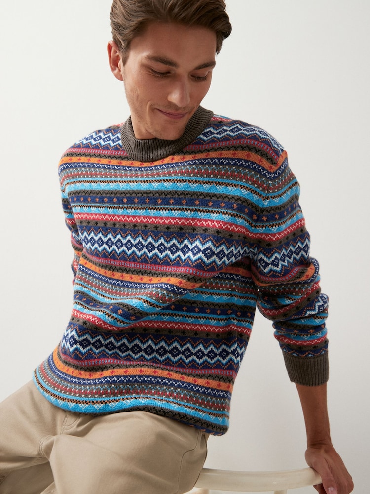 Grey Crew Neck Fairisle Pattern Knitted Jumper - Image 1 of 7 Grey Crew Neck Fairisle Pattern Knitted Jumper - Image 1 of 7