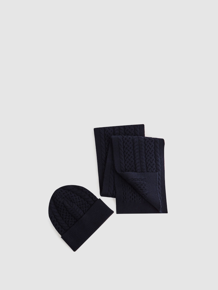 Reiss Navy Heath Junior Knitted Scarf and Beanie Hat Set - Image 1 of 5