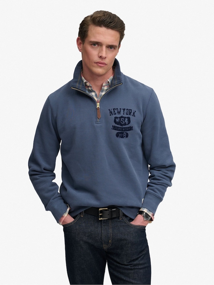 Superdry Blue Tonal Half Zip Sweatshirt - Image 1 of 5 Superdry Blue Tonal Half Zip Sweatshirt - Image 1 of 5