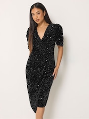 M&Co Black Petite Sequin Velvet Short Sleeve Wrap Dress - Image 1 of 6