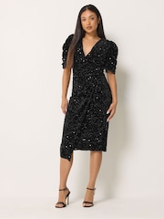 M&Co Black Petite Sequin Velvet Short Sleeve Wrap Dress - Image 2 of 6