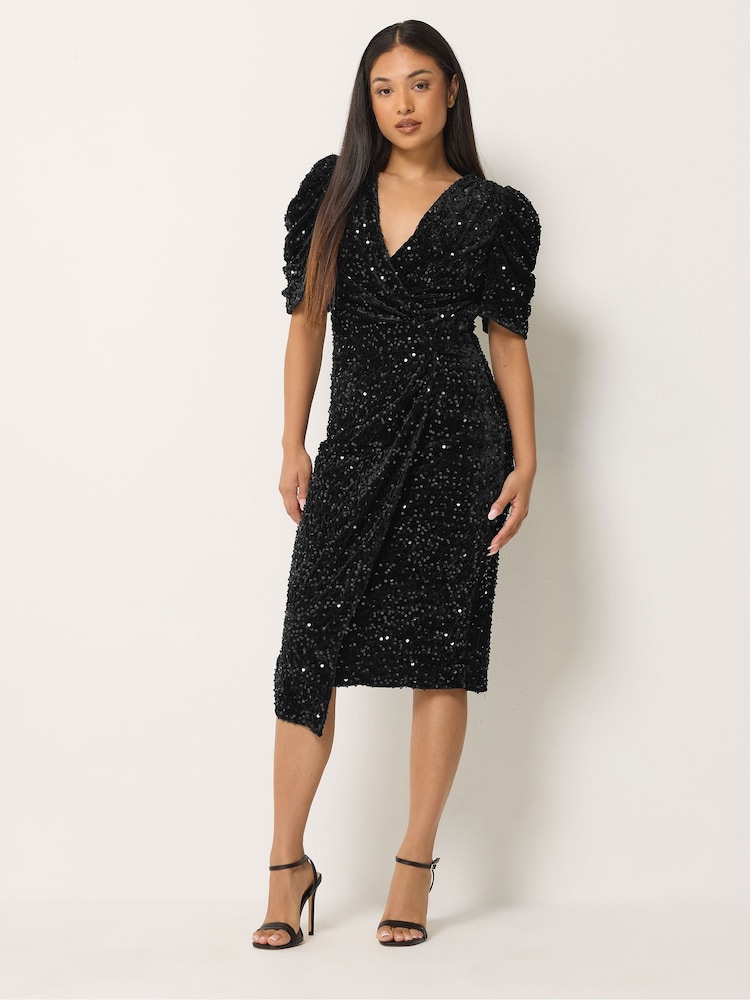 M&Co Black Petite Sequin Velvet Short Sleeve Wrap Dress - Image 2 of 6 M&Co Black Petite Sequin Velvet Short Sleeve Wrap Dress - Image 2 of 6