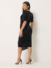 M&Co Black Petite Sequin Velvet Short Sleeve Wrap Dress - Image 3 of 6