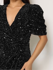 M&Co Black Petite Sequin Velvet Short Sleeve Wrap Dress - Image 4 of 6