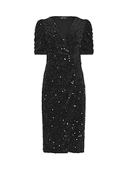 M&Co Black Petite Sequin Velvet Short Sleeve Wrap Dress - Image 5 of 6