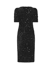 M&Co Black Petite Sequin Velvet Short Sleeve Wrap Dress - Image 6 of 6