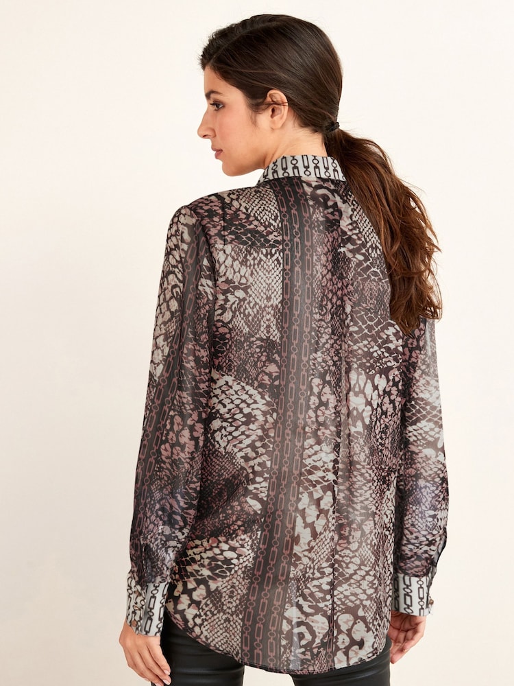 Blush Pink Snake and Chain Print Print Long Sleeve Sheer Shirt - Image 2 of 5 Blush Pink Snake and Chain Print Print Long Sleeve Sheer Shirt - Image 2 of 5
