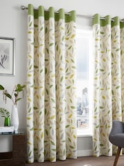 Fusion Green 100% Cotton Beechwood Leaves Eyelet Lined Curtains - Image 1 of 2