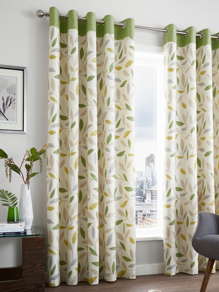 Fusion Green 100% Cotton Beechwood Leaves Eyelet Lined Curtains - Image 1 of 2