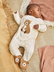 JoJo Maman Bébé Cream Bear Appliqué Zip Cotton Baby Sleepsuit - Image 1 of 8