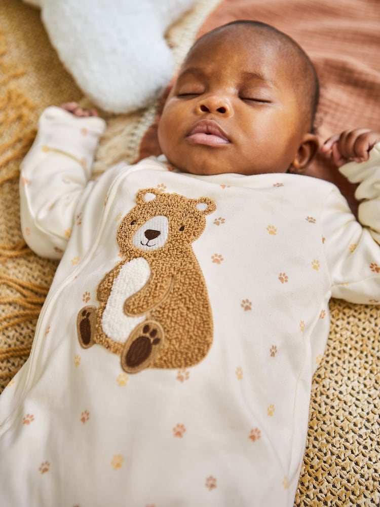 JoJo Maman Bébé Cream Bear Appliqué Zip Cotton Baby Sleepsuit - Image 3 of 8