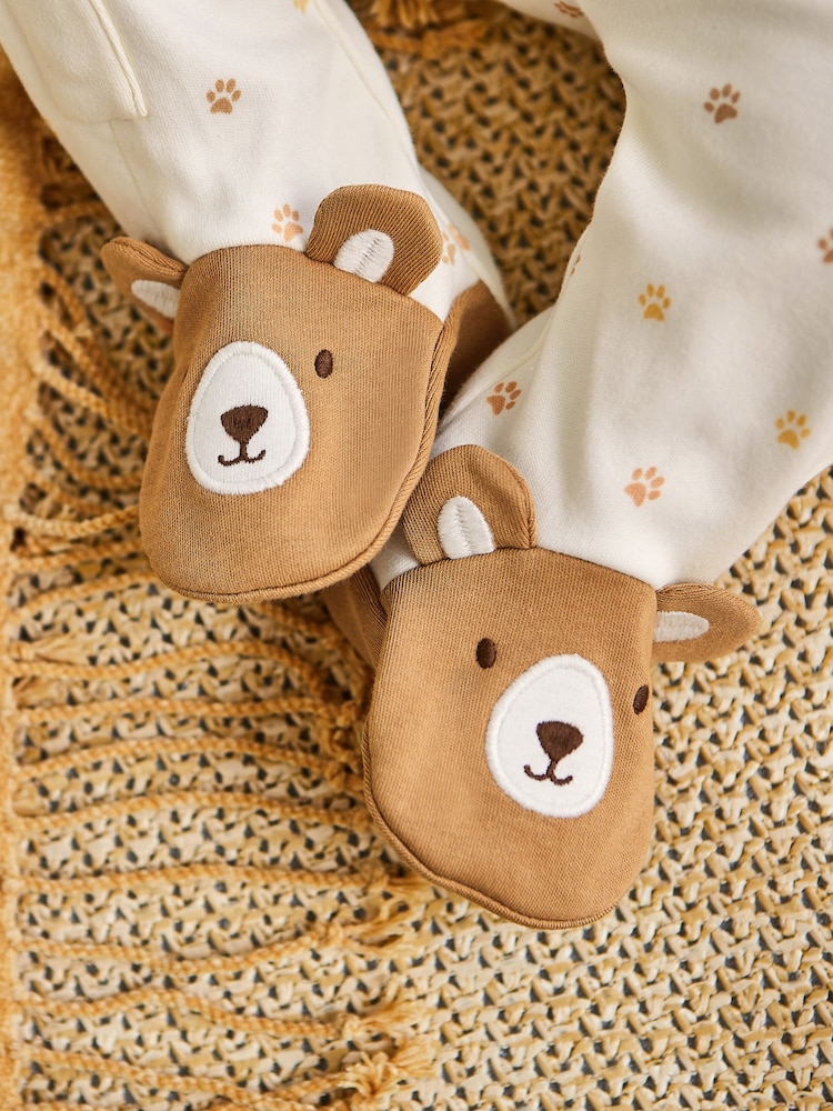 JoJo Maman Bébé Cream Bear Appliqué Zip Cotton Baby Sleepsuit - Image 4 of 8