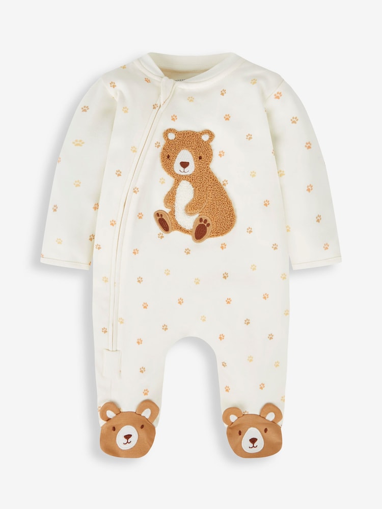 JoJo Maman Bébé Cream Bear Appliqué Zip Cotton Baby Sleepsuit - Image 5 of 8