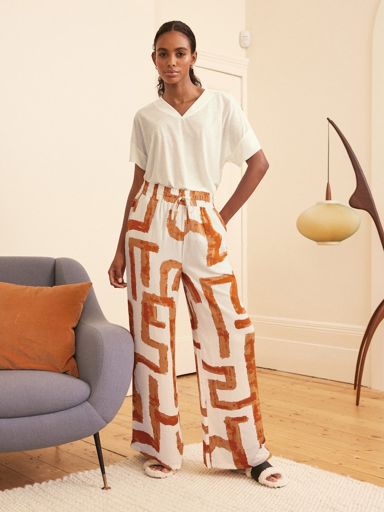 Orange Geo Linen Blend Short Sleeve Pyjamas - Image 1 of 9