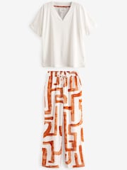 Orange Geo Linen Blend Short Sleeve Pyjamas - Image 6 of 9