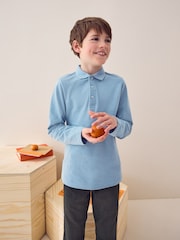 Blue 100% Cotton Long Sleeve School Polo Shirts 2 Pack (3-16yrs) - Image 2 of 4