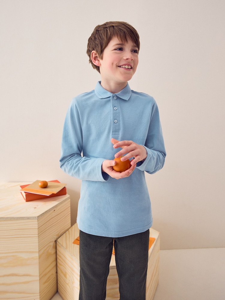 Blue 100% Cotton Long Sleeve School Polo Shirts 2 Pack (3-16yrs) - Image 2 of 4