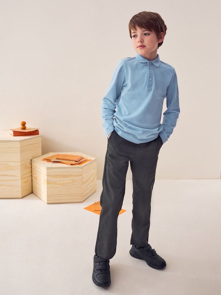 Blue 100% Cotton Long Sleeve School Polo Shirts 2 Pack (3-16yrs) - Image 3 of 7