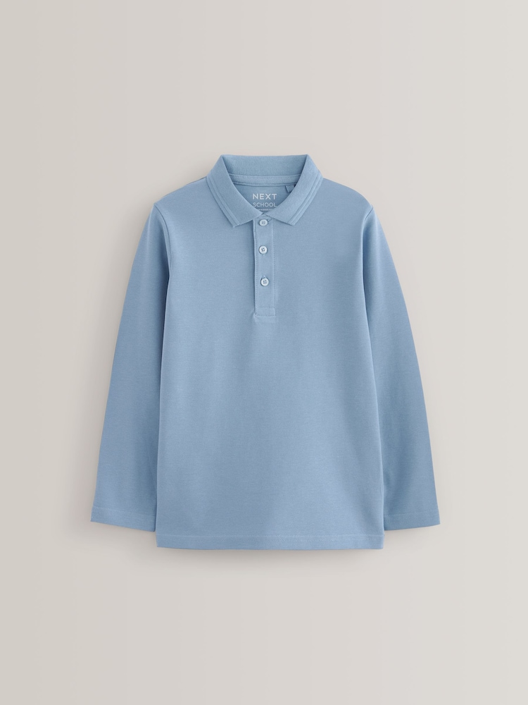 Blue 100% Cotton Long Sleeve School Polo Shirts 2 Pack (3-16yrs) - Image 5 of 7