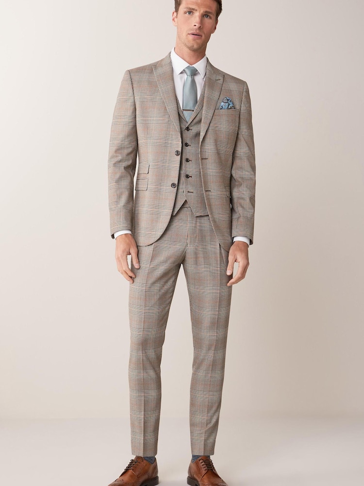 Taupe Slim Fit Check Suit: Jacket - Image 2 of 5