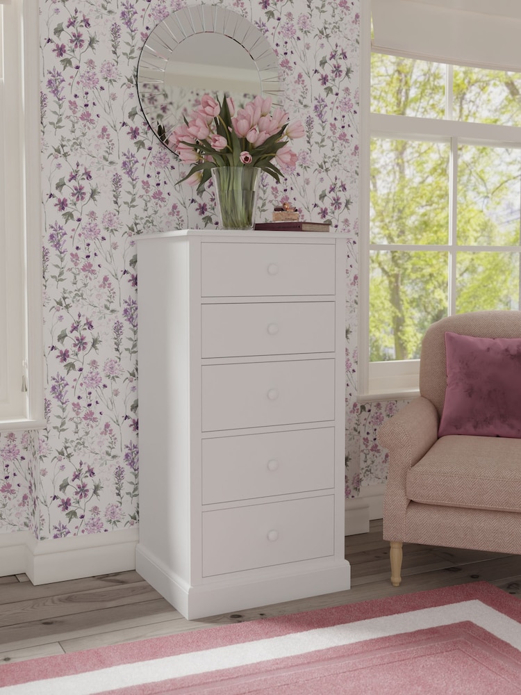Laura Ashley Cotton White Ashwell Tall Chest of 5 Drawers - Image 1 of 4