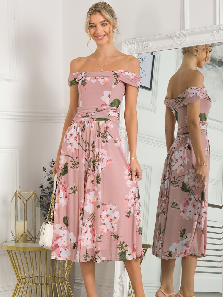 Jolie Moi Rawiya Bardot-Kleid aus Netzstoff, Pink - Bild 1 von 4 Jolie Moi Rawiya Bardot-Kleid aus Netzstoff, Pink - Bild 1 von 4