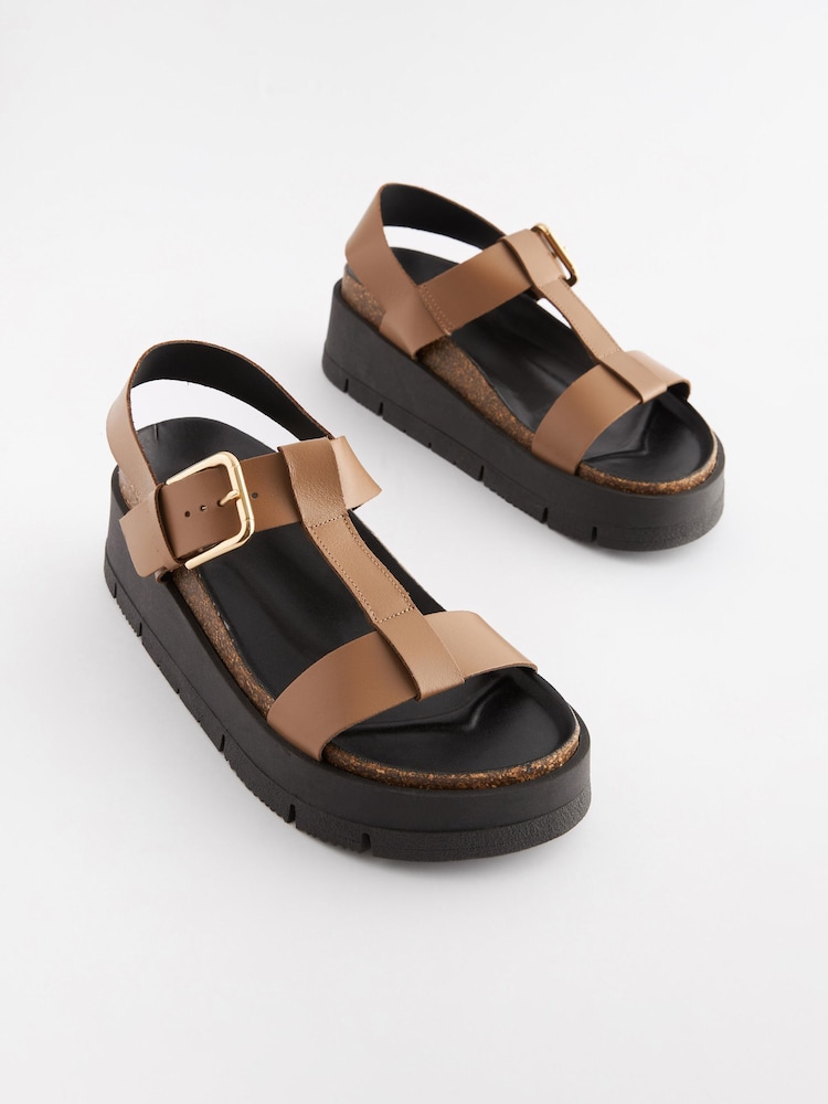 Tan Brown Forever Comfort® Leather T-Bar Flatform Sandals - Image 3 of 7