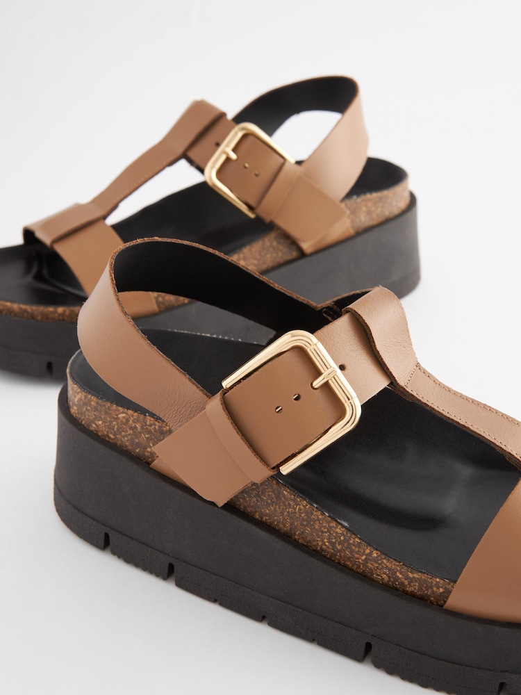 Tan Brown Forever Comfort® Leather T-Bar Flatform Sandals - Image 5 of 7