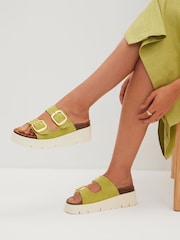 Lime Green Forever Comfort® Leather Double Buckle Flatform Shoes - Image 1 of 7