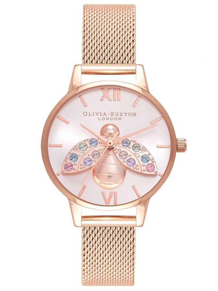 Olivia Burton Rose Gold Rainbow Bee Sunray Mesh Watch - Image 1 of 6