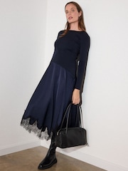 Whistles Blue Knit Hybrid Lace Trim Dress - Image 3 of 4