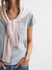 Reiss Grey Marl Lara Cotton Motif V-Neck T-Shirt - Image 1 of 5
