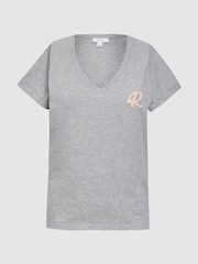 Reiss Grey Marl Lara Cotton Motif V-Neck T-Shirt - Image 2 of 5