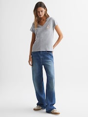 Reiss Grey Marl Lara Cotton Motif V-Neck T-Shirt - Image 3 of 5