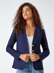 Roman Blue Stretch Button Detail Blazer - Image 1 of 5