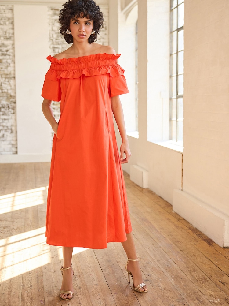 Orange - Popeline-Midikleid mit Carmenausschnitt und Rüschen - Bild 1 von 4 Orange - Popeline-Midikleid mit Carmenausschnitt und Rüschen - Bild 1 von 4