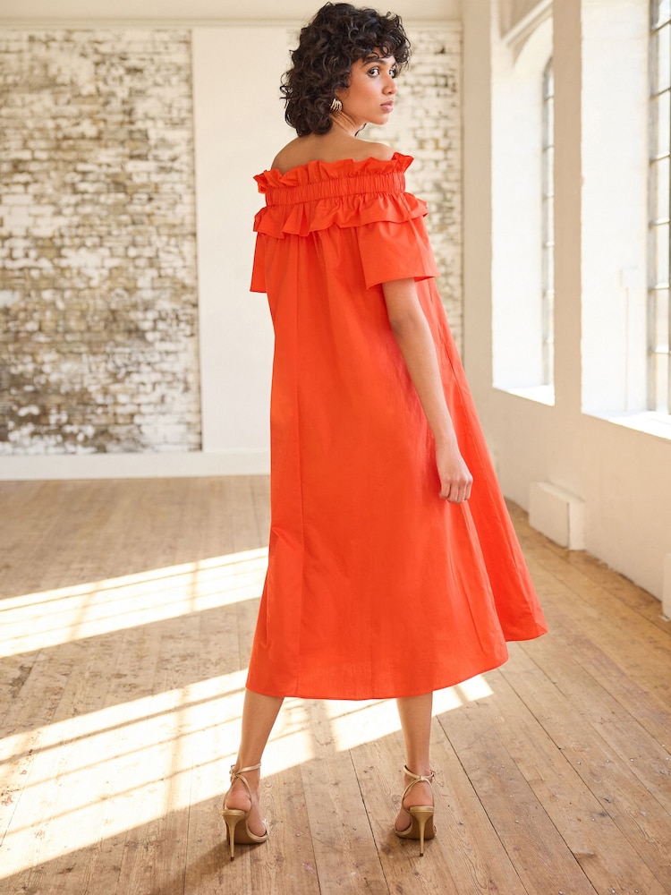 Orange - Popeline-Midikleid mit Carmenausschnitt und Rüschen - Bild 2 von 4 Orange - Popeline-Midikleid mit Carmenausschnitt und Rüschen - Bild 2 von 4