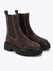 Kurt Geiger London Brown Perf Embellished Leopard Print Suede Chelsea Ankle Boots - Image 3 of 5