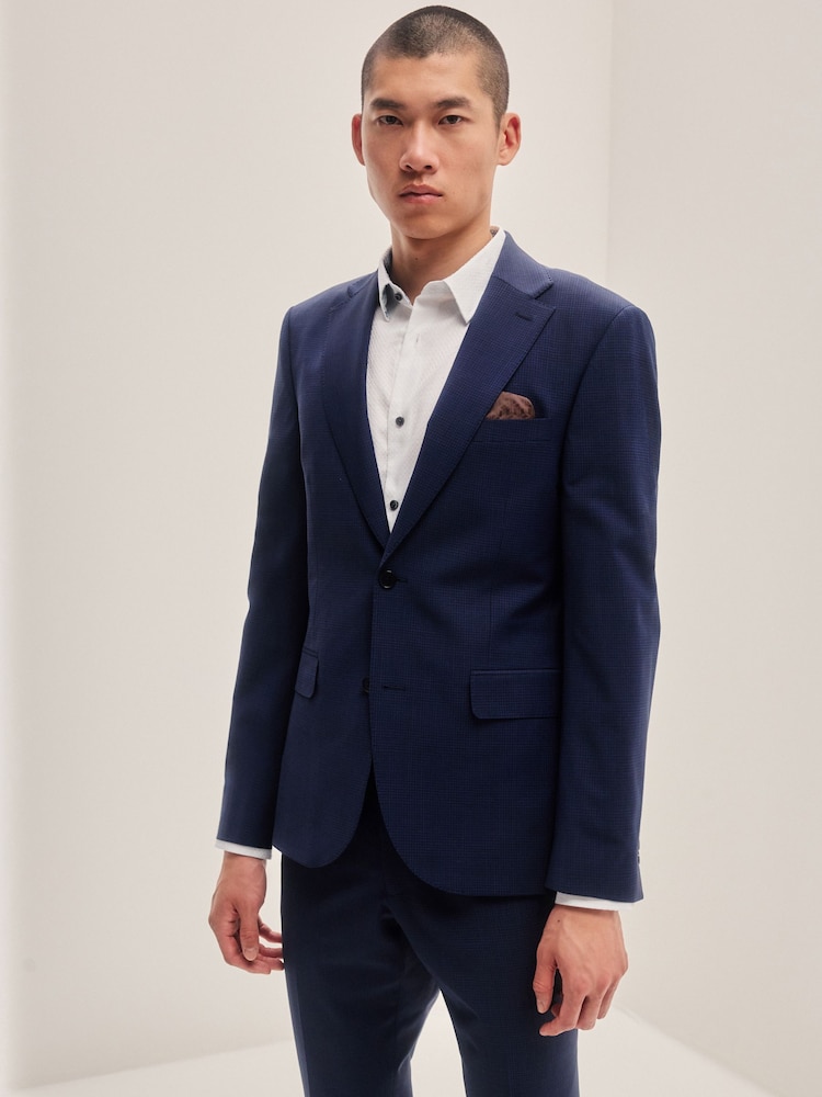 Navy Blue Slim Fit Check Suit Jacket - Image 1 of 11