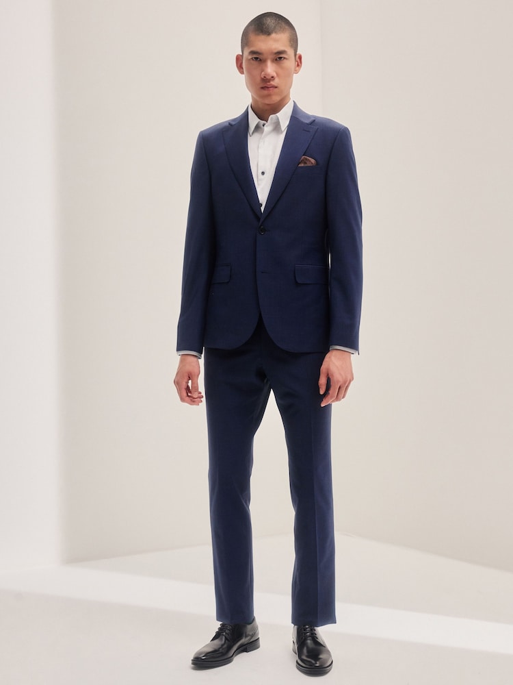 Navy Blue Slim Fit Check Suit Jacket - Image 2 of 11
