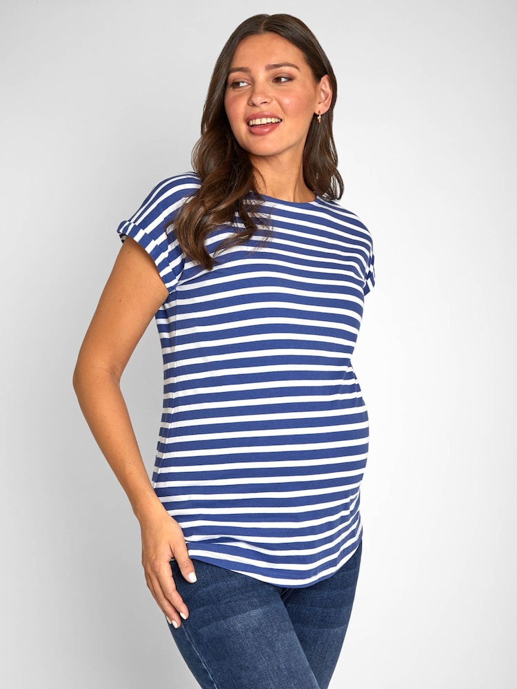 JoJo Maman Bébé Blue White Stripe Boyfriend Cotton Maternity T-Shirt - Image 4 of 6
