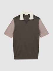 Reiss Mushroom Brown Stoneleigh Wool Open Collar Polo Shirt - Image 2 of 5