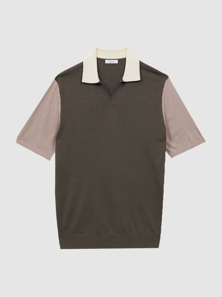 Reiss Mushroom Brown Stoneleigh Wool Open Collar Polo Shirt - Image 2 of 5