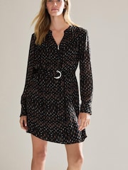 Black Geometric Print Long Sleeve Tie Waist Mini Dress - Image 1 of 6