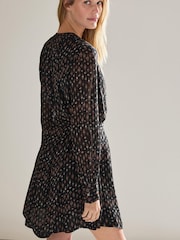 Black Geometric Print Long Sleeve Tie Waist Mini Dress - Image 3 of 6