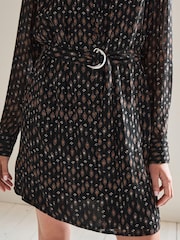 Black Geometric Print Long Sleeve Tie Waist Mini Dress - Image 4 of 6