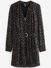 Black Geometric Print Long Sleeve Tie Waist Mini Dress - Image 5 of 6