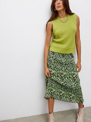 Oliver Bonas Green Warped Animal Print Mesh Midi Skirt - Image 1 of 5