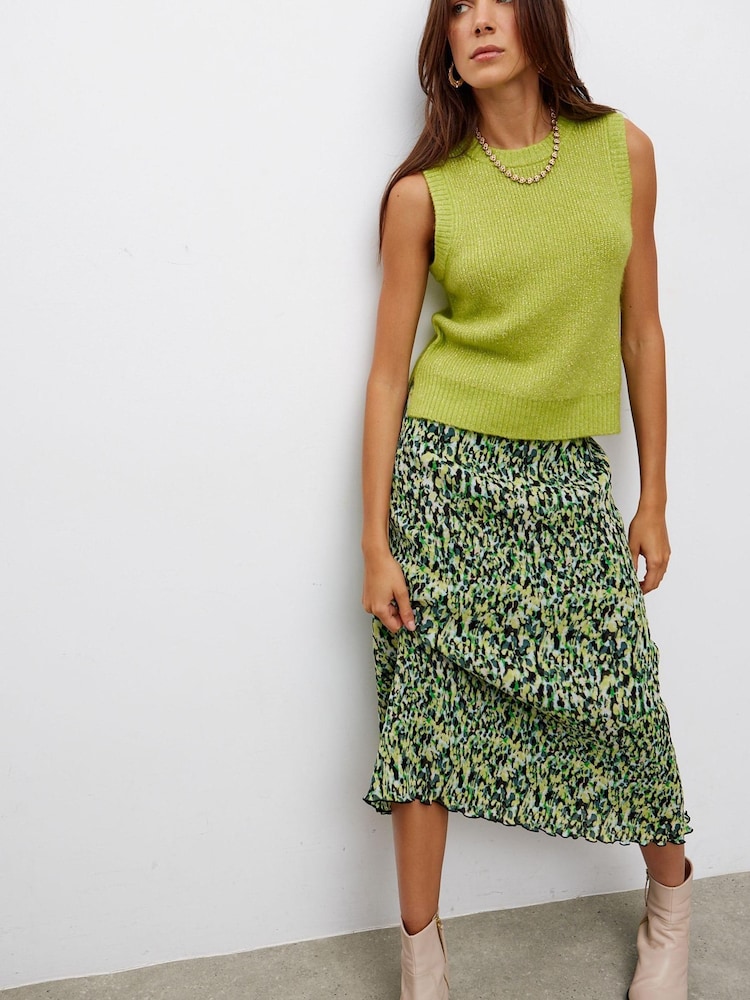 Oliver Bonas Green Warped Animal Print Mesh Midi Skirt - Image 1 of 5