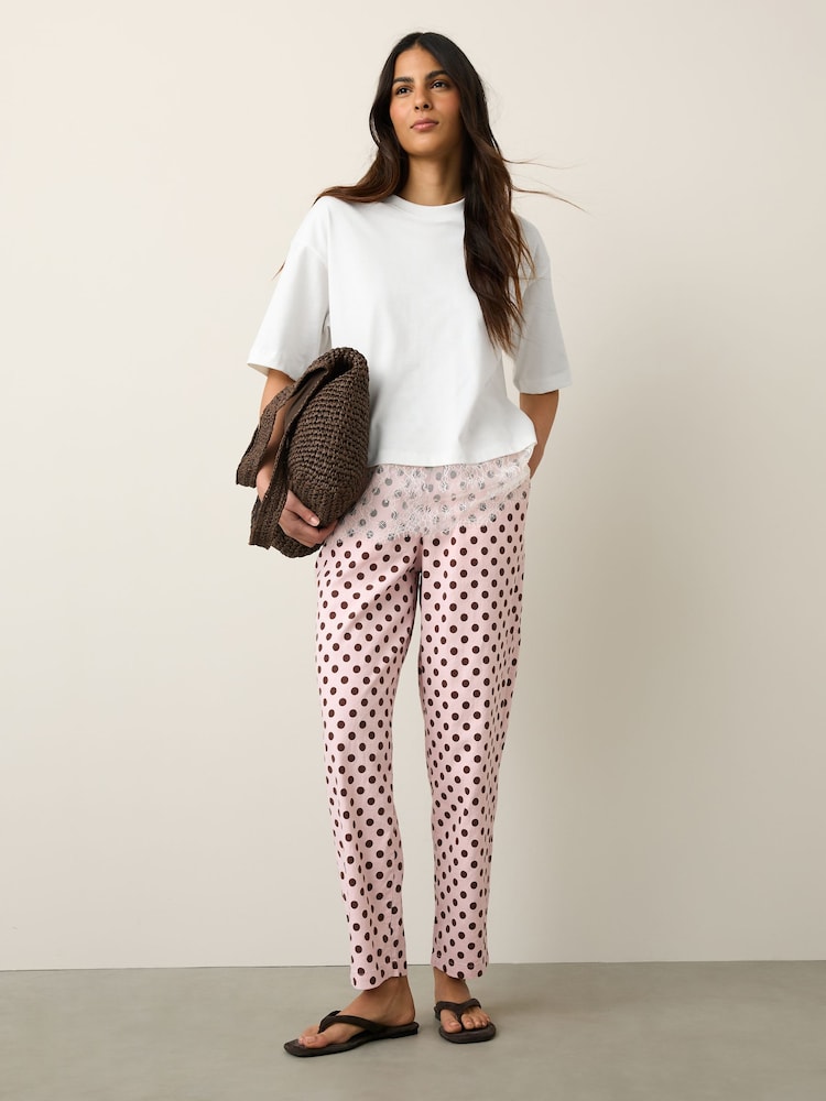 Pink/Chocolate Spot Linen Rich Barrel Leg Trousers - Image 1 of 6 Pink/Chocolate Spot Linen Rich Barrel Leg Trousers - Image 1 of 6